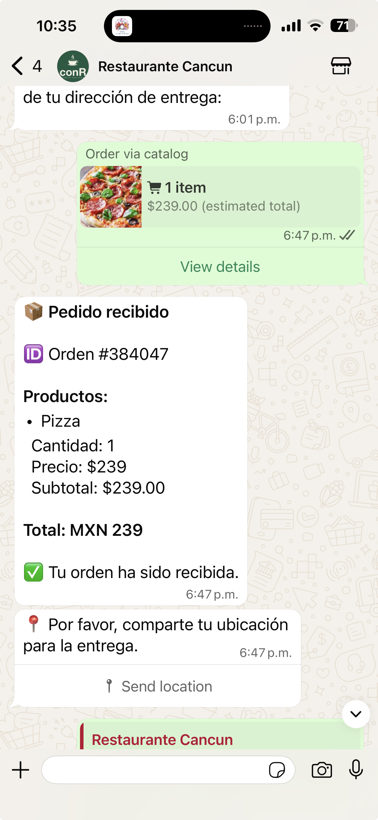 Confirmación automática de pedido en WhatsApp con resumen y solicitud de ubicación